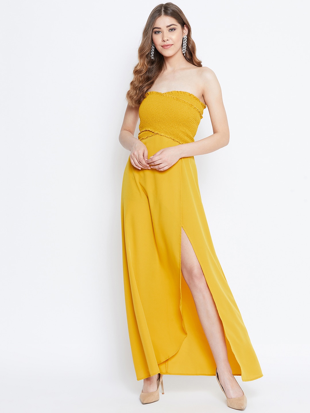 

Berrylush Women Mustard Yellow Solid Smocked Maxi Dress