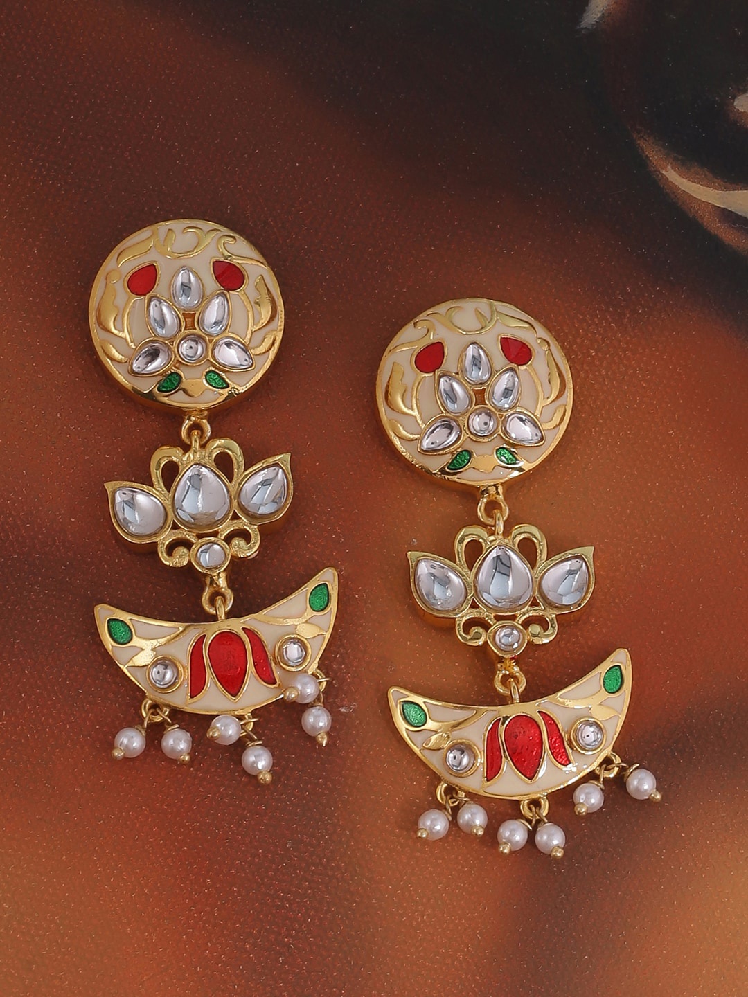 

Studio Voylla Green & Red Gold-Plated Handcrafted Layered Classic Drop Earrings