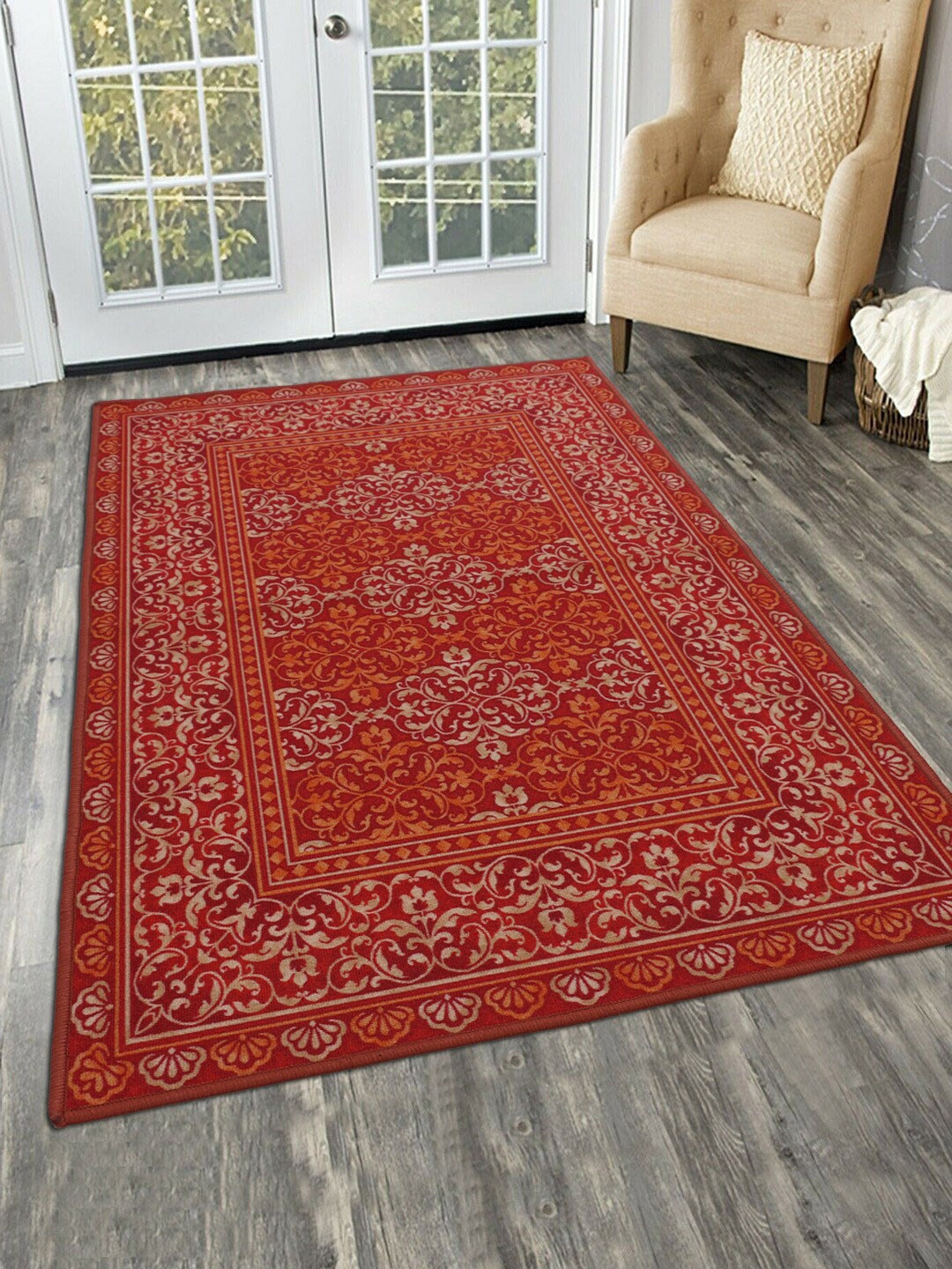 

RUGSMITH Red & Beige Floral Printed Premium Quality Anti-Skid Carpet