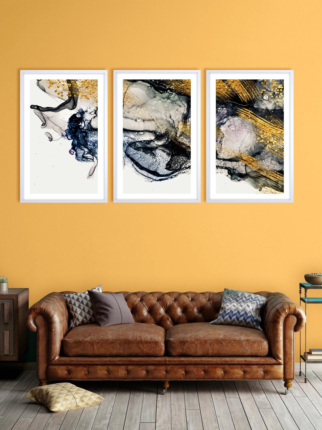 

999Store Set Of 3 Grey & Gold-Toned Abstract Printed Wall Art