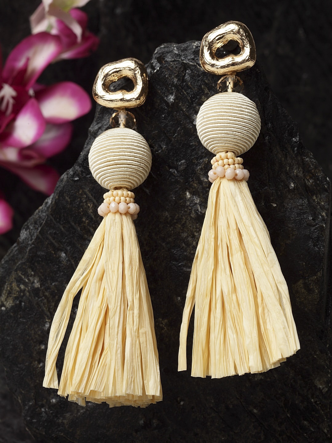 

Madame Rose Gold-Plated Beige Tasselled Contemporary Drop Earrings