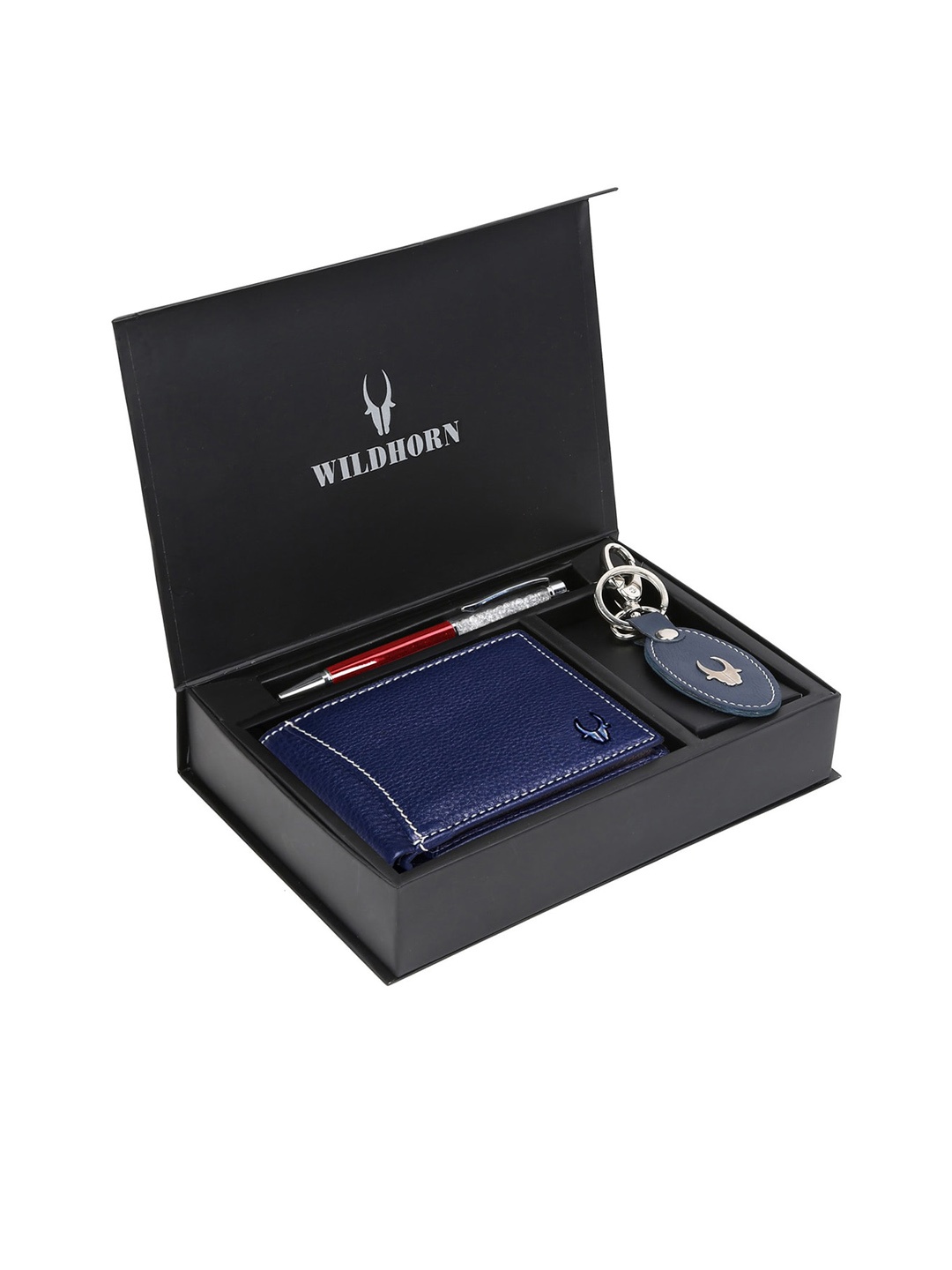 WildHorn Men Blue & Red RFID Protected Genuine Leather Accessory Gift Set