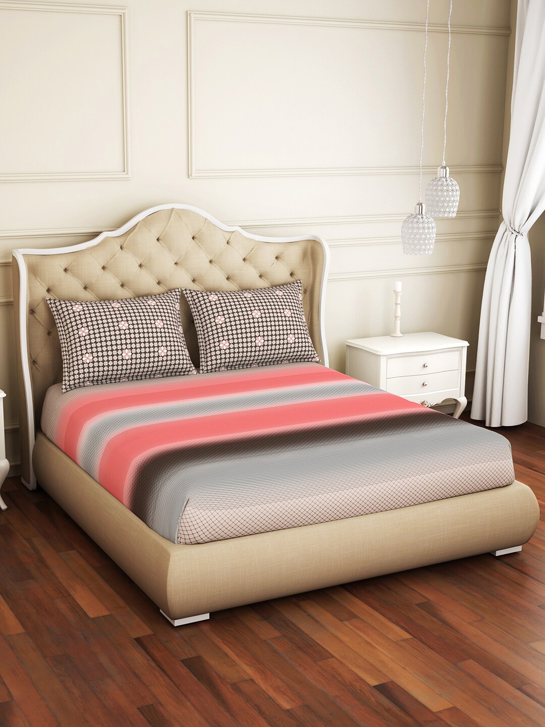 

Spaces Atrium Geometric Coral 1 Queen Size Fitted Sheets With 2 Pillow Cover, Pink