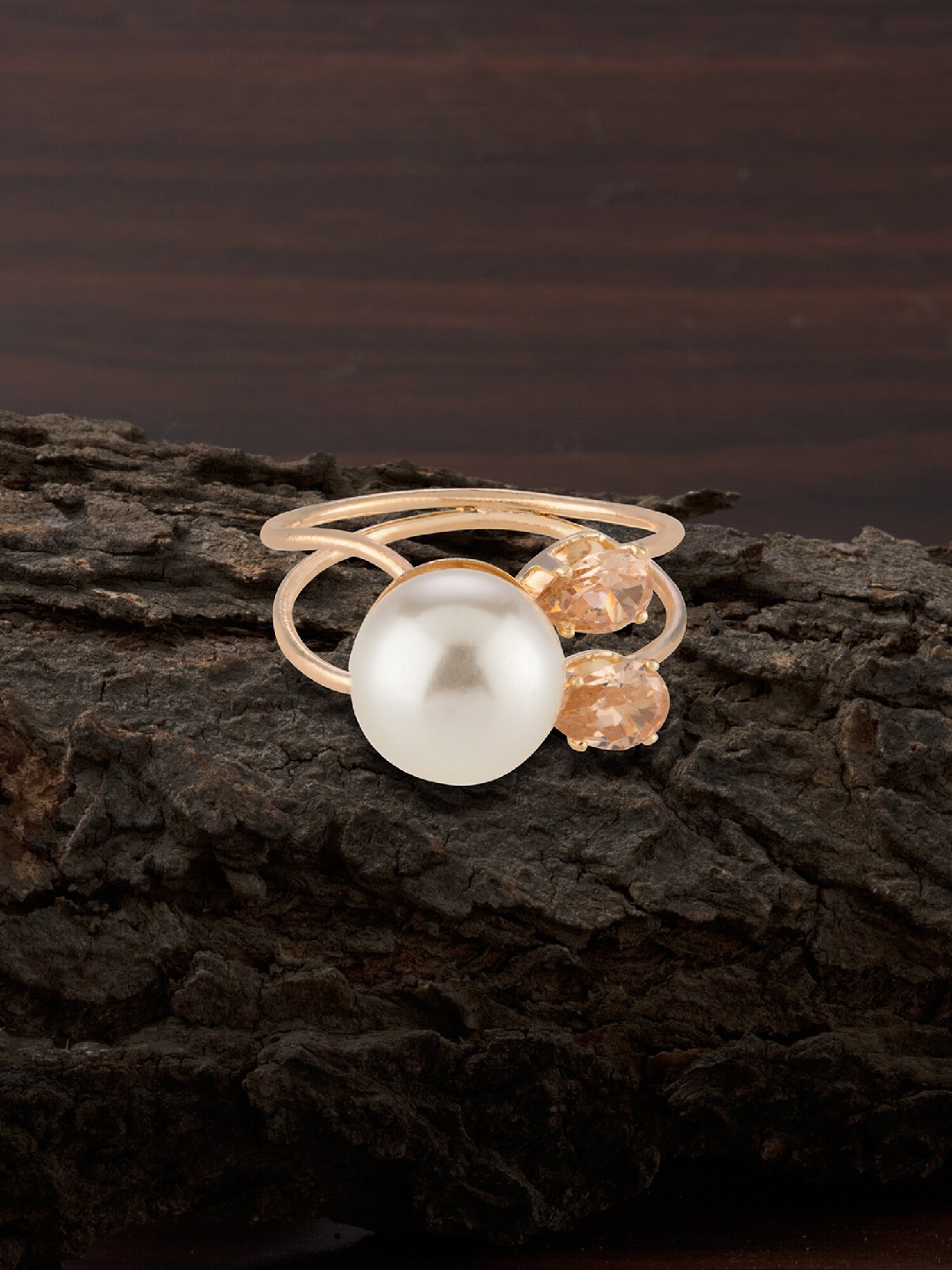 

E2O Gold-Plated White Pearl & Artificial Stone Studded Handcrafted Contemporary Finger Ring