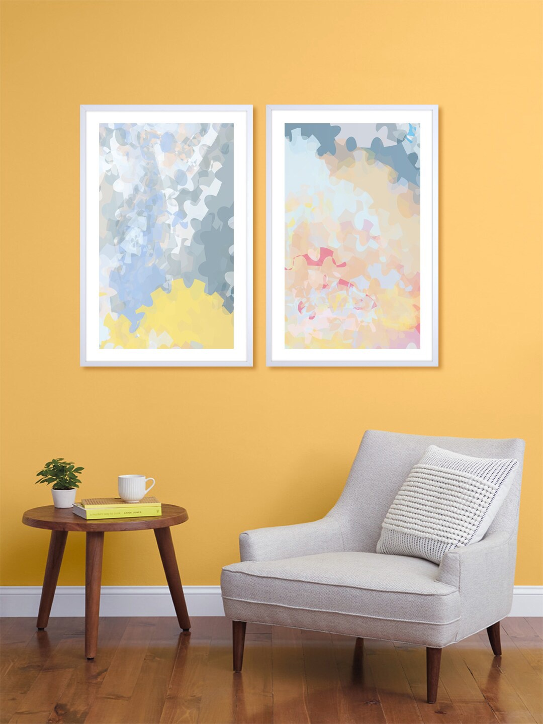 999Store Set Of 2 Grey & Beige Abstract Water Colour Patterns Printed Wall Art
