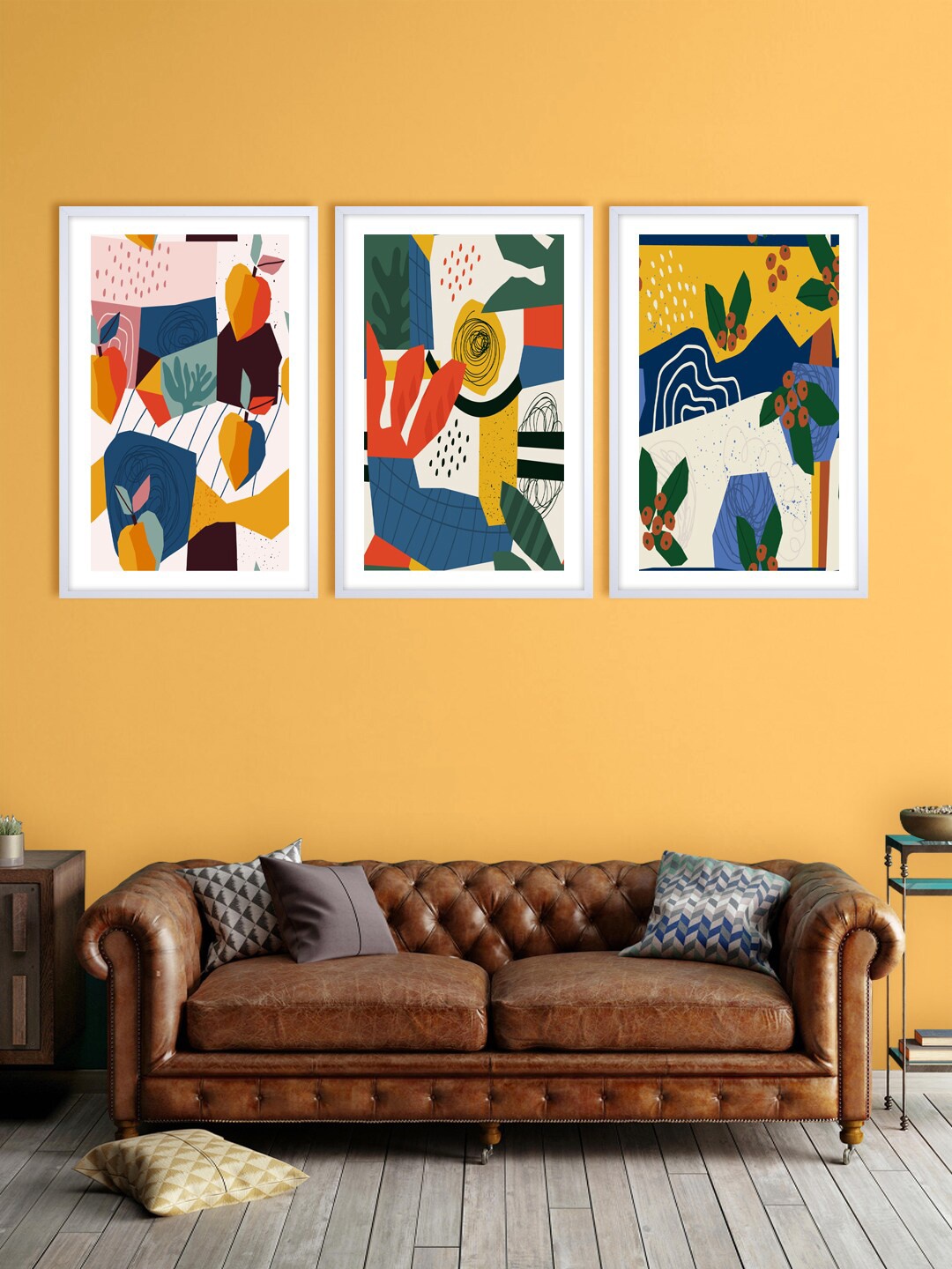 999Store Set Of 3 Blue & Yellow Abstract Printed Wall Art