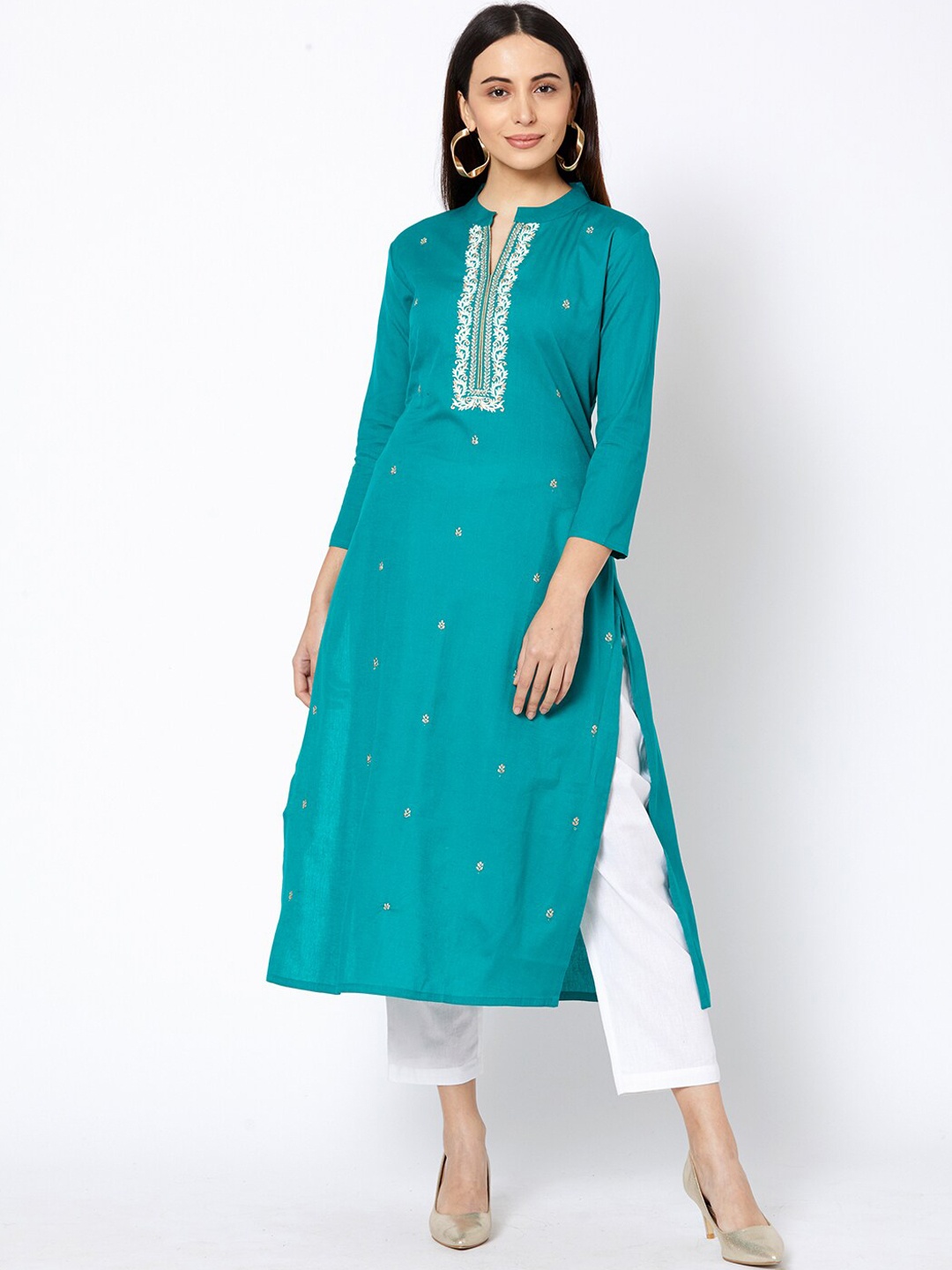 

FASHOR Women Sea Green & White Embroidered Straight Kurta