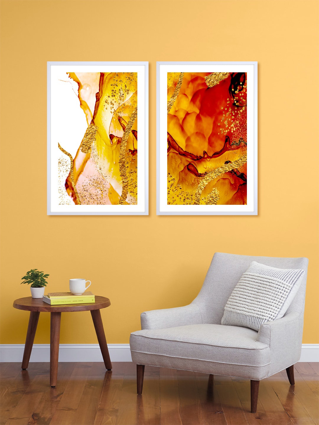 

999Store Set Of 2 Yellow & Red Abstract Framed Wall Arts