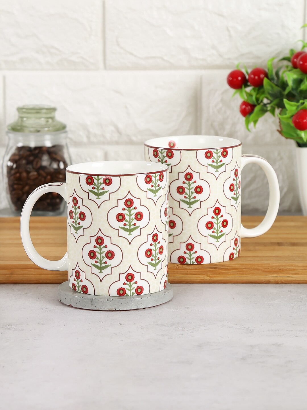 

India Circus by Krsnaa Mehta Set of 2 Cream-Coloured Poppy Flower Coffee Mugs 360 ml each