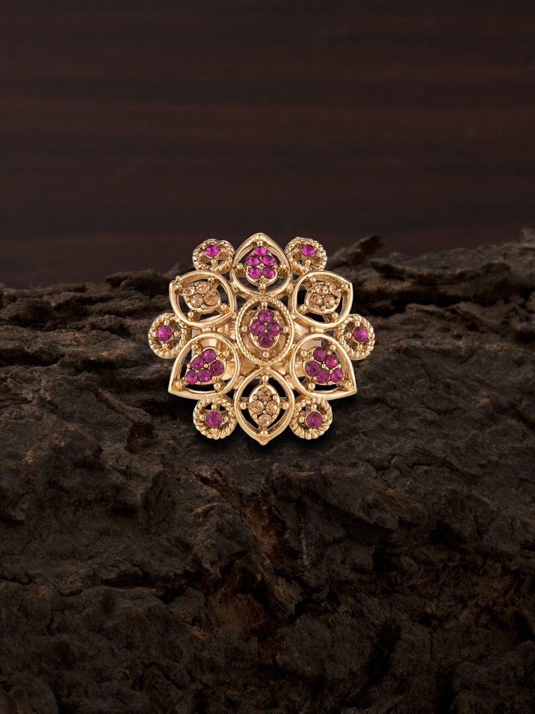 

E2O Gold-Plated Purple Stone-Studded Adjustable Cocktail Finger Ring