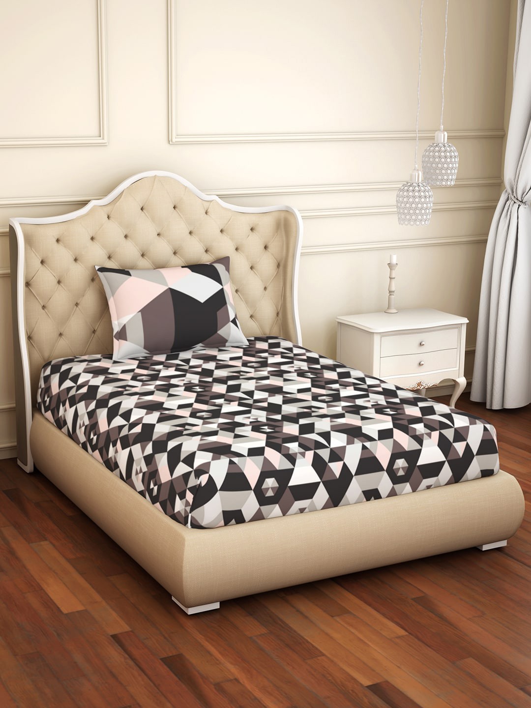 

SPACES Grey & Peach-Coloured Geometric 144 TC Cotton 1 Single Bedsheet with 1 Pillow Cover