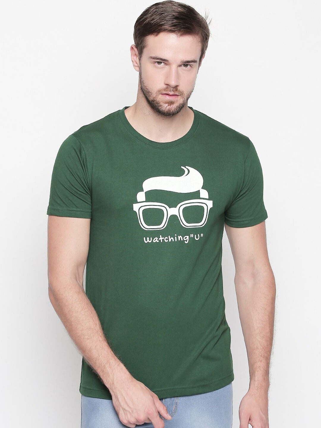 

ROLLER FASHIONS Men Green Printed Round Neck Pure Cotton T-shirt