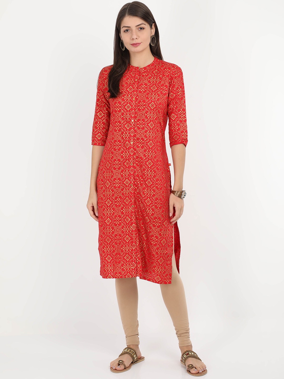 

Alena Women Red & Gold-Toned Printed A-Line Kurta