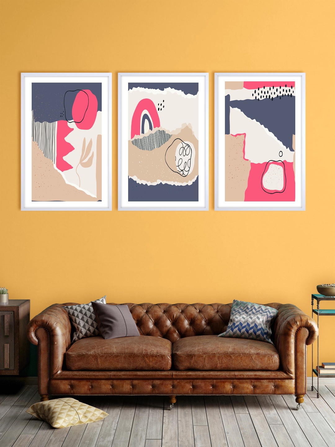 999Store Set Of 3 Beige & Pink Abstract Printed Wall Art