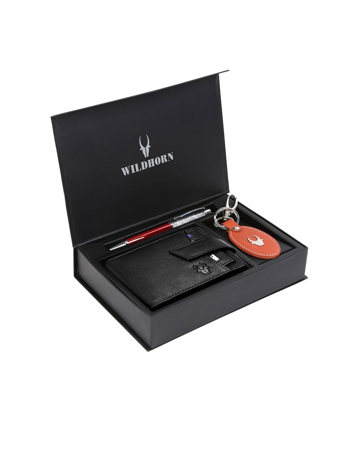 WildHorn Men Black & Red RFID Protected Genuine High Quality Leather Accessory Gift Set