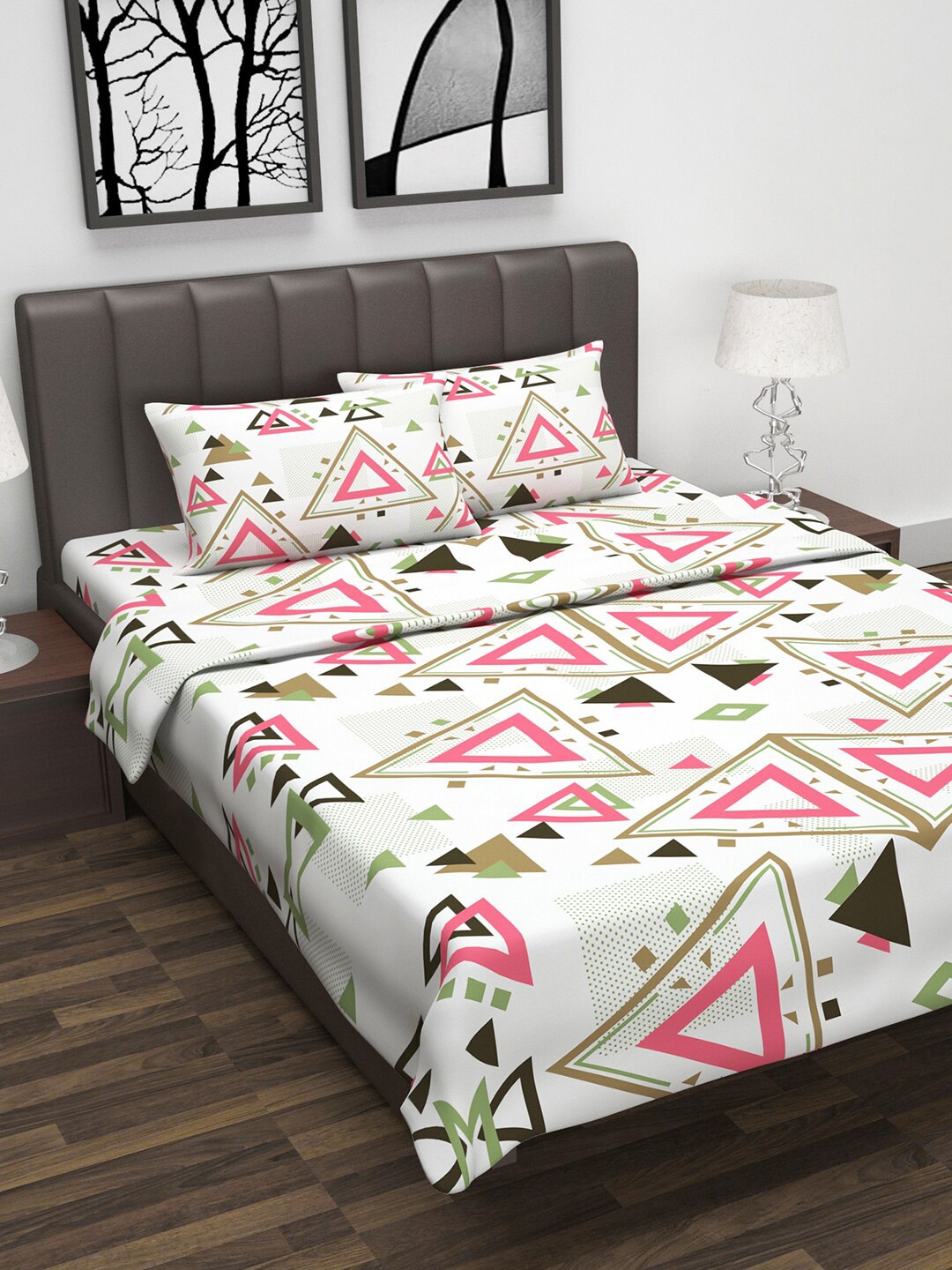Divine Casa White & Pink Geometric Printed Double Queen Bedsheet With 2 Pillow Covers & Dohar