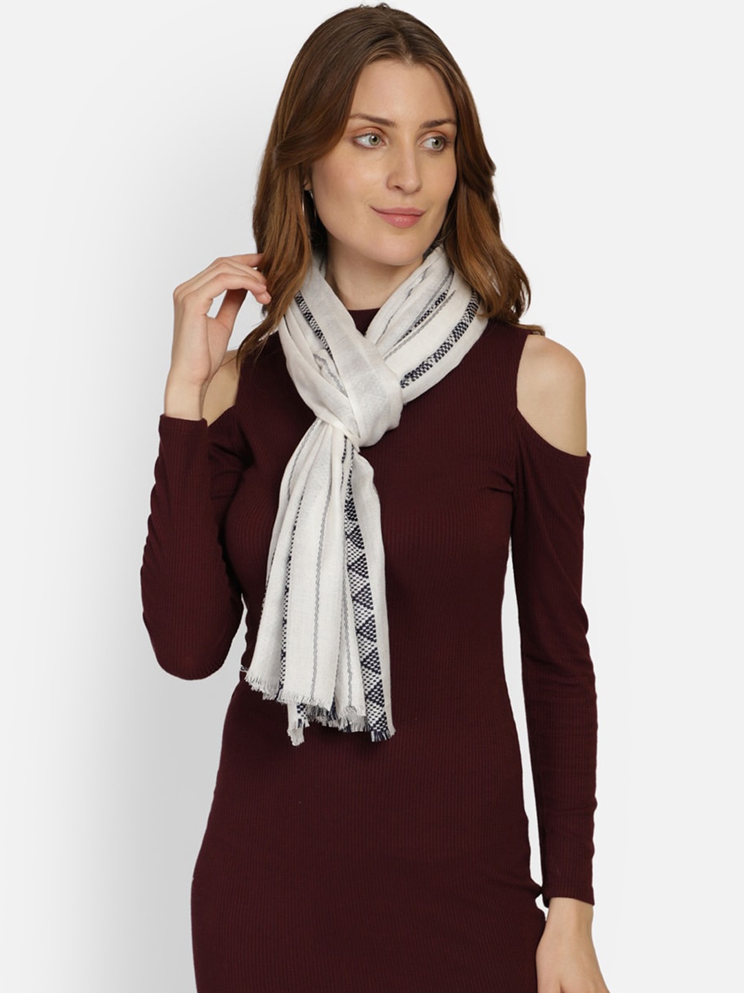 

Anekaant Women White & Black Woven Design Stole