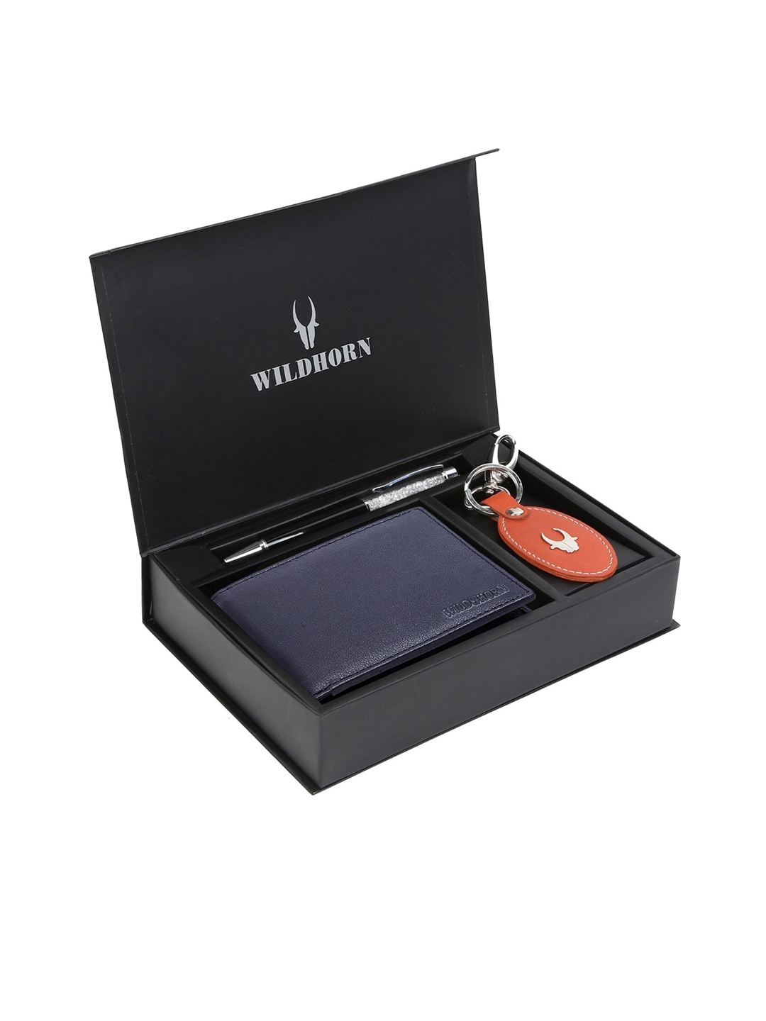 WildHorn Men Blue & Orange RFID Protected Genuine Leather Accessory Gift Set