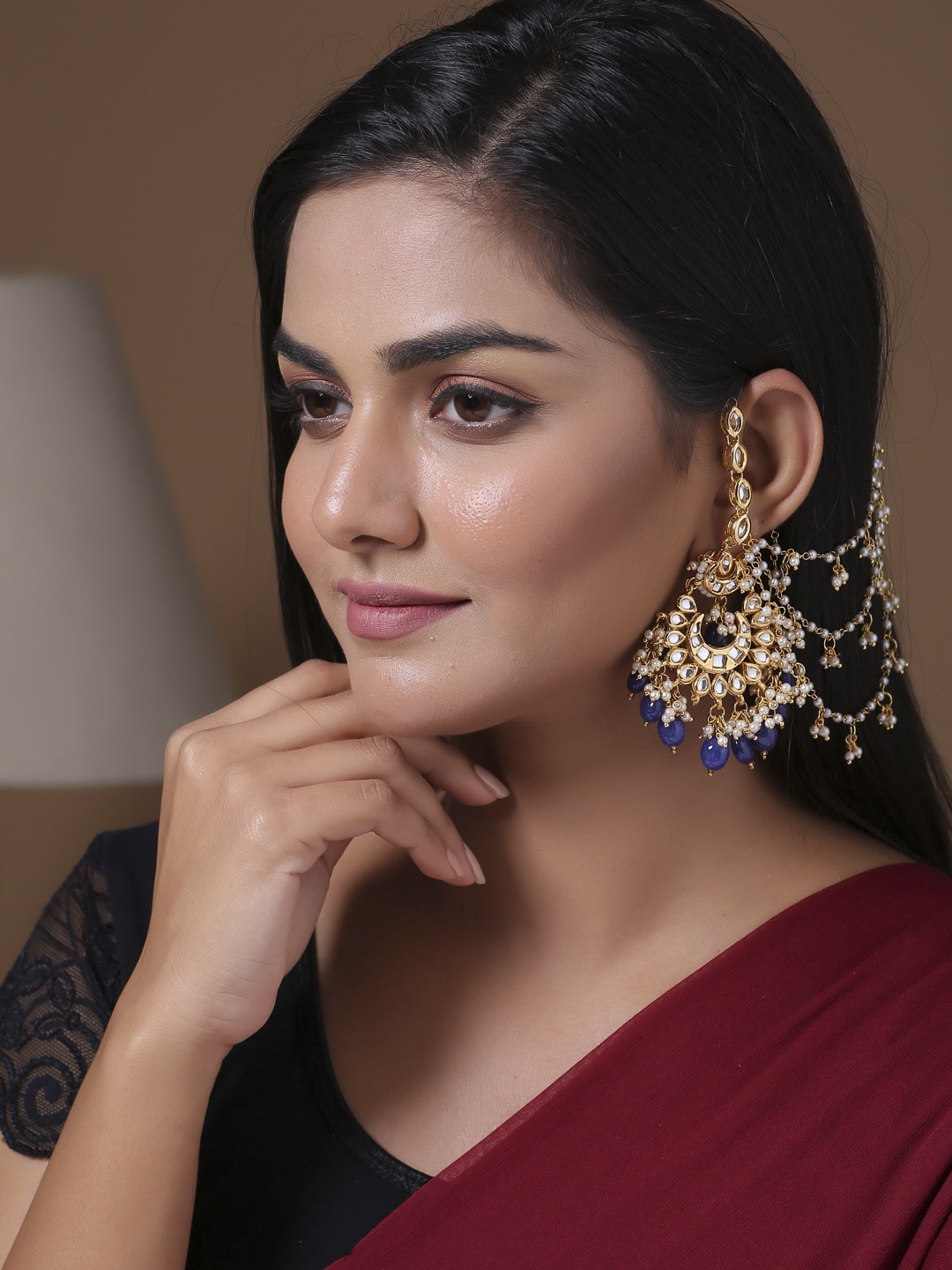 

Shoshaa Gold-Plated & Blue Kundan Classic Drop Earrings