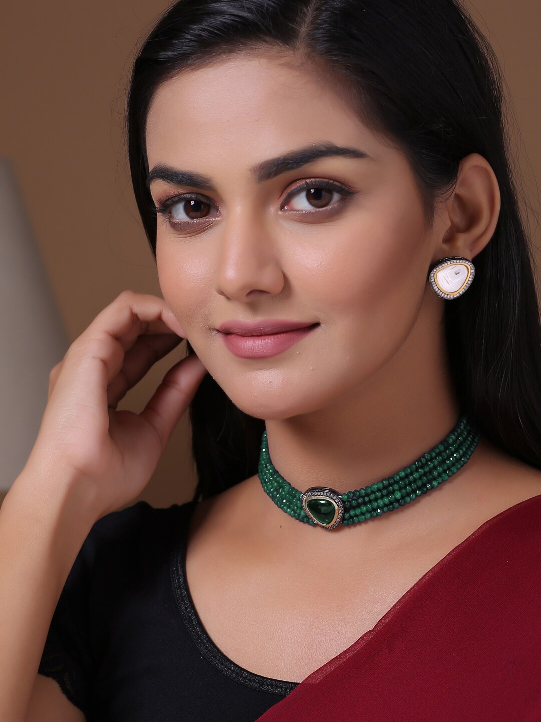 Shoshaa Gold-Plated Green & White Onyx-Studded Beaded Jewellery Set