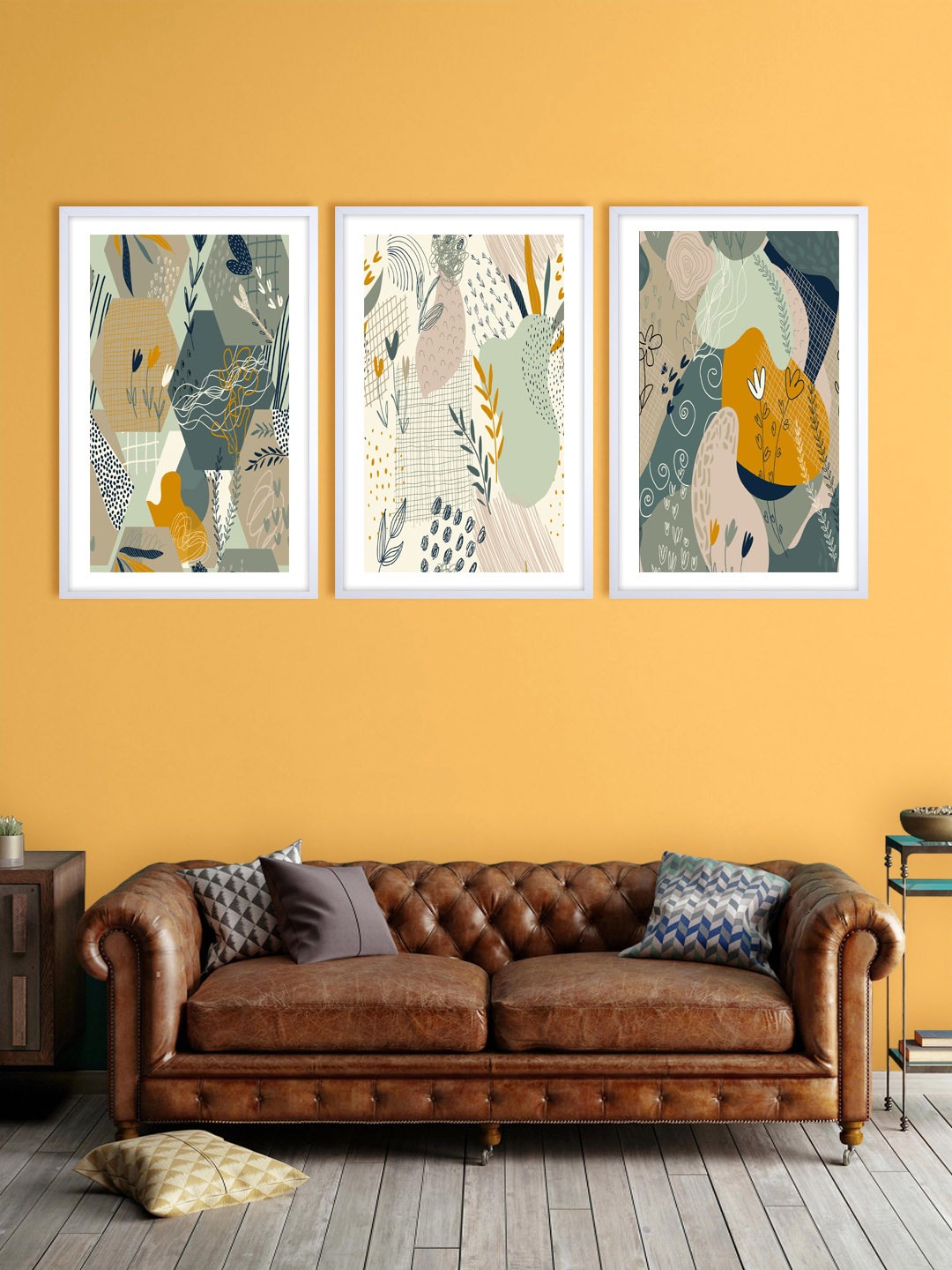 

999Store Set Of 3 White & Brown Abstract Printed Wall Art