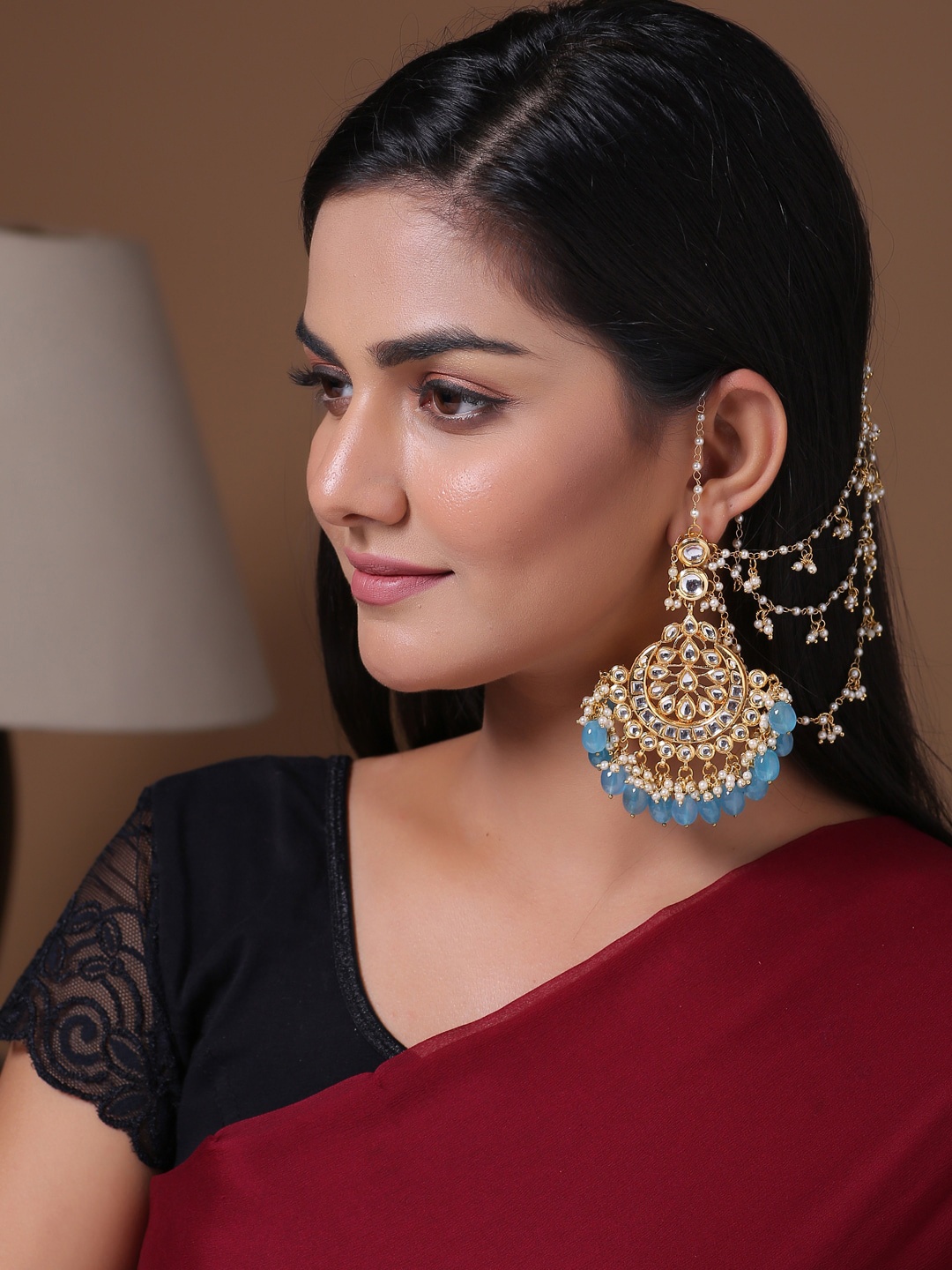 

Shoshaa Turquoise Blue Gold-Plated Kundan Contemporary Chandbalis