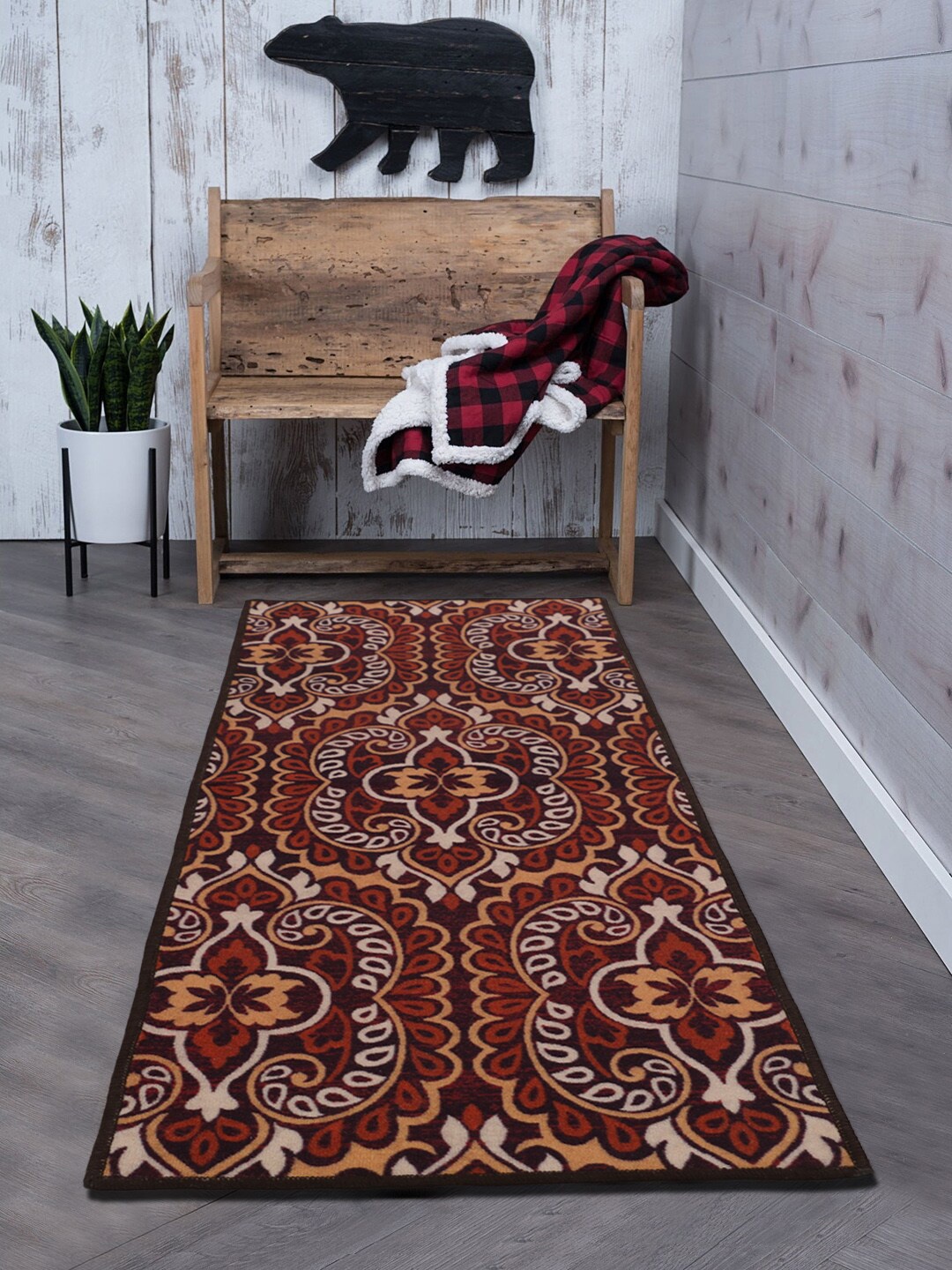 

RUGSMITH Brown & White Printed Anti-Skid Floor Runner, Red