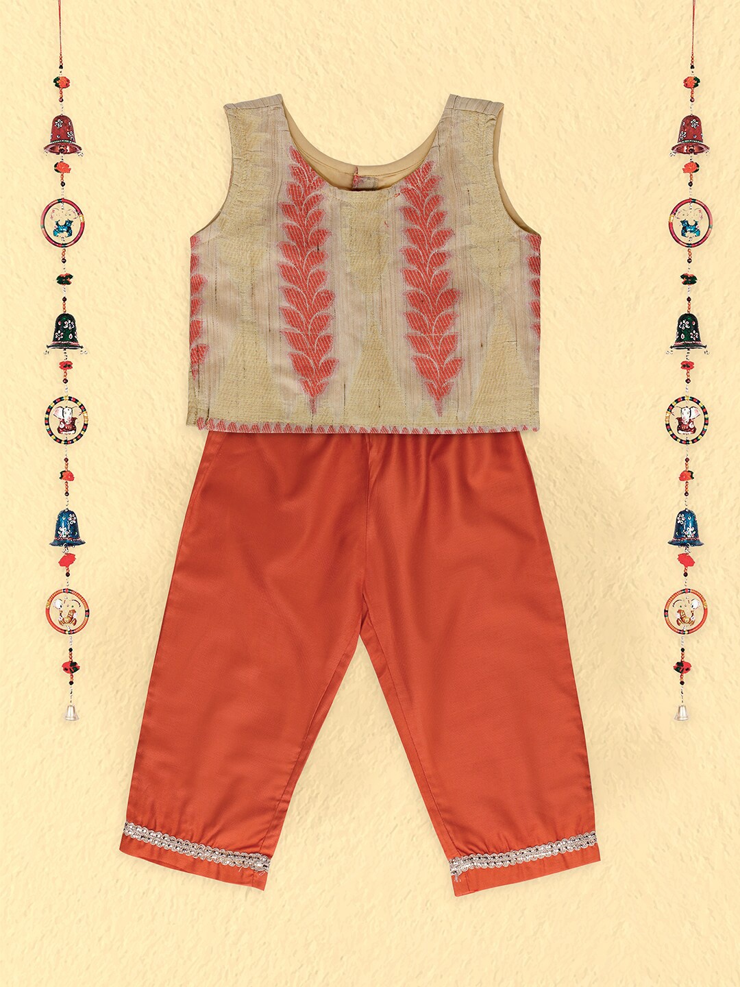 

The Magic Wand Girls Beige & Rust Brown Embellished Top with Palazzos