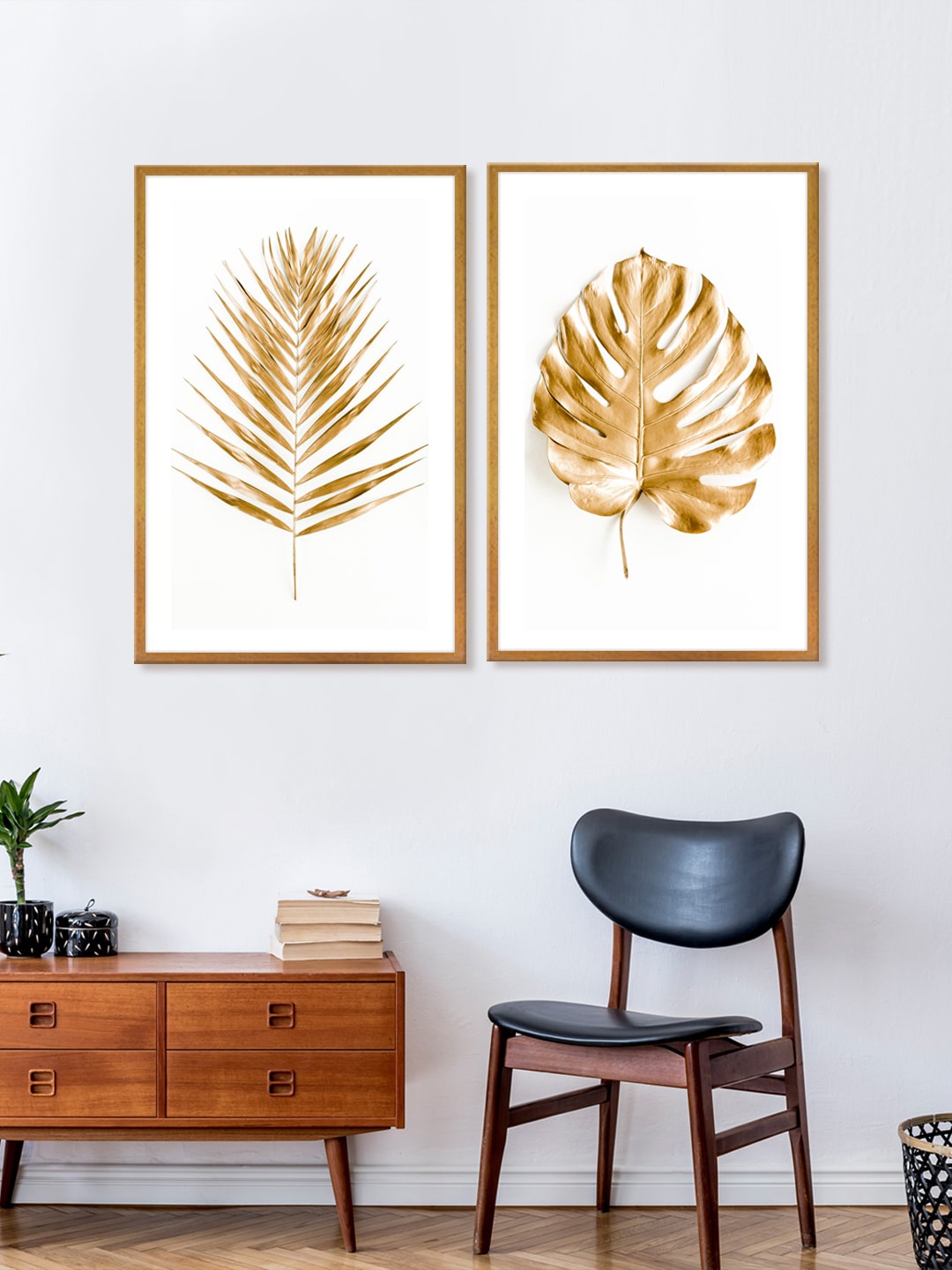 

999Store Set Of 2 White & Gold-Toned Leaves & Palm Tree Printed Wall Art