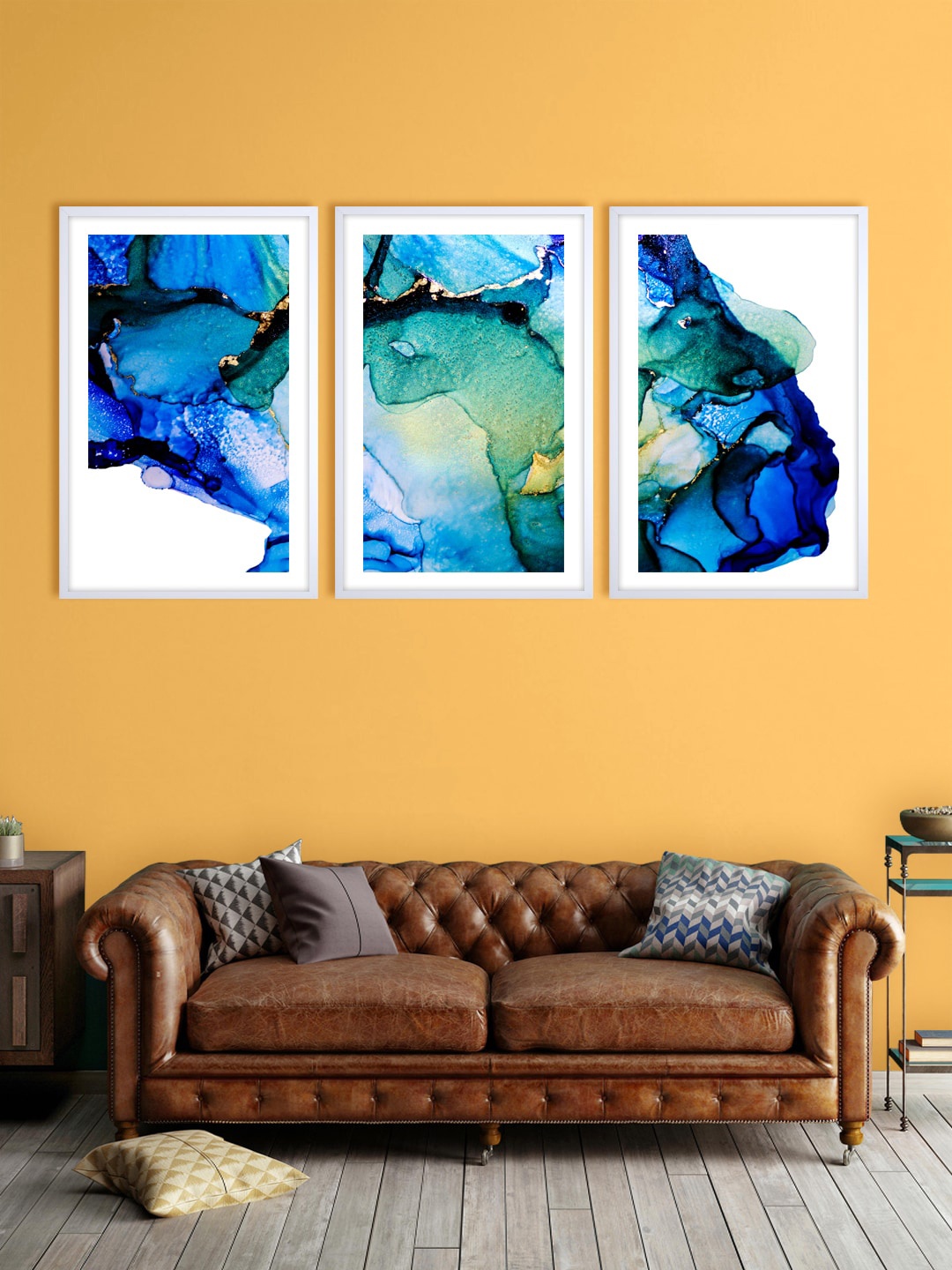 

999Store Set Of 3 White & Blue Printed Abstract Wall Art