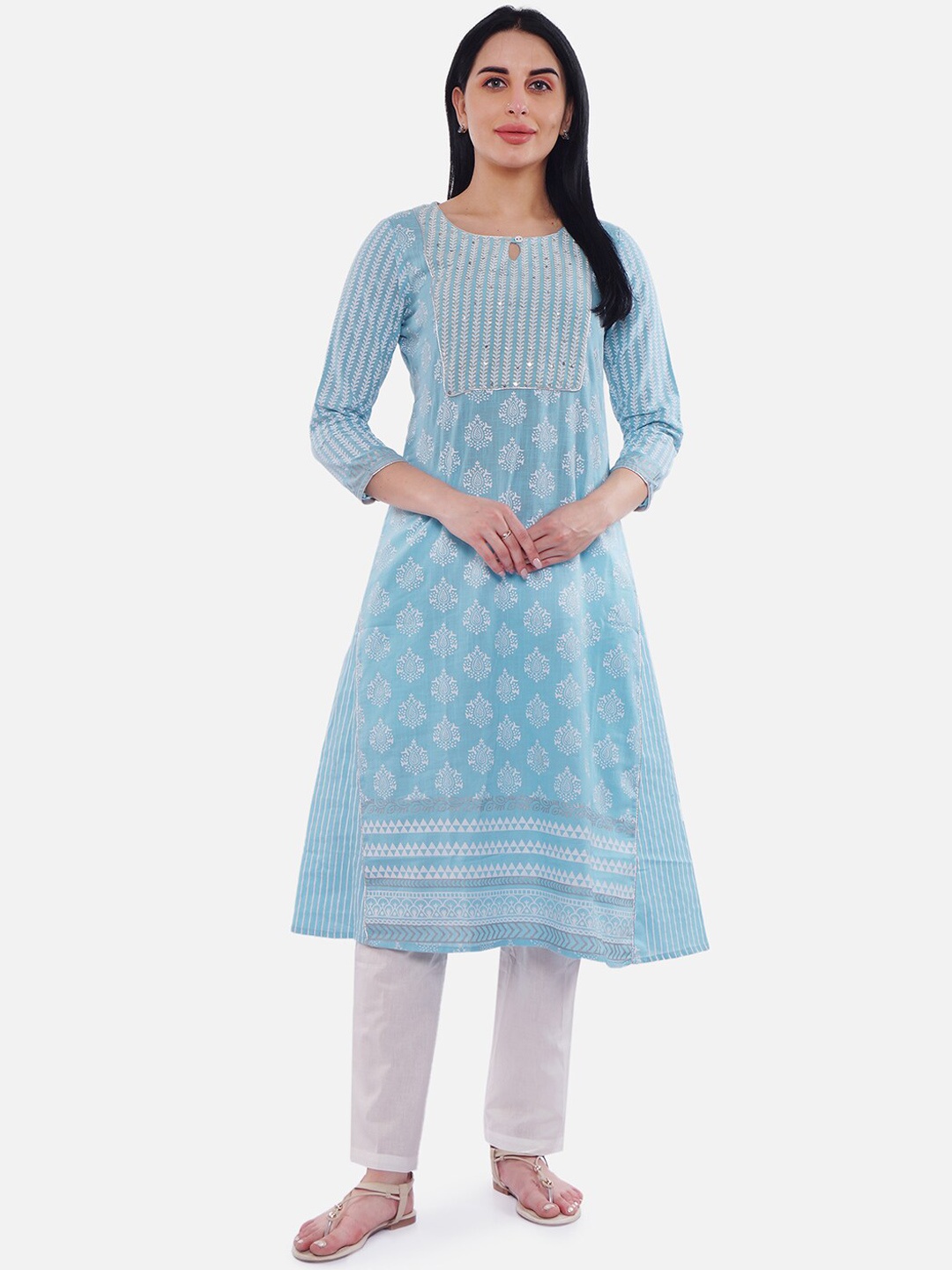Be Indi Women Blue & White Yoke Design A-Line Kurta with Sequenced Work
