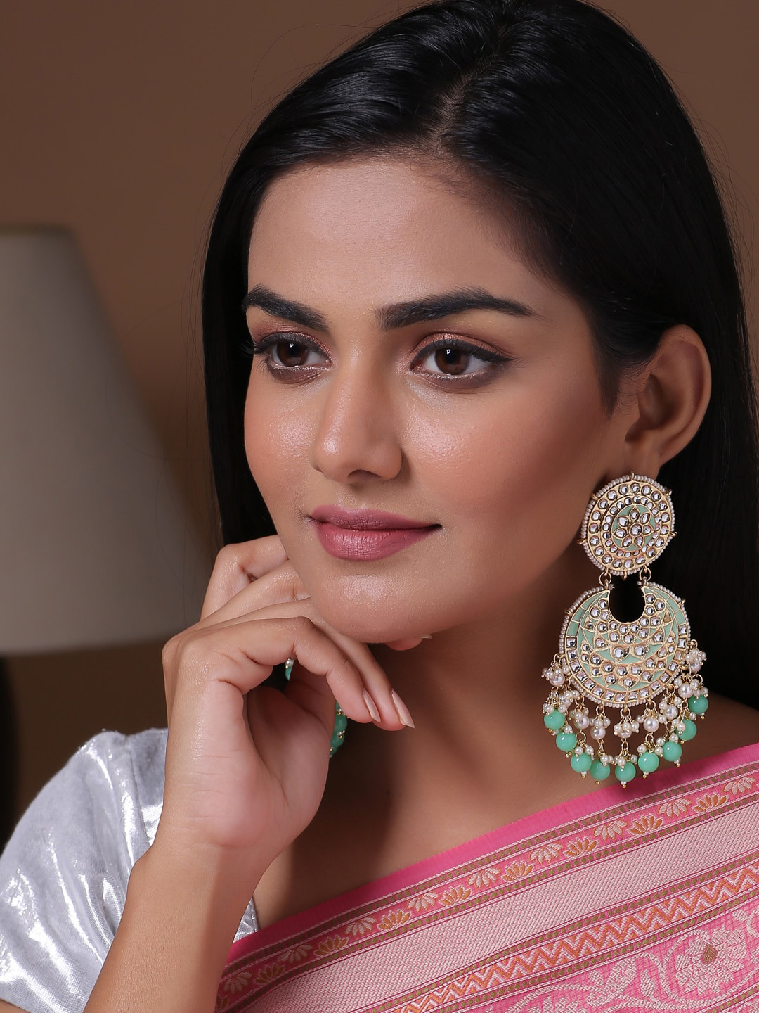 

Shoshaa Gold-Plated & Sea Green Crescent Shaped Chandbalis