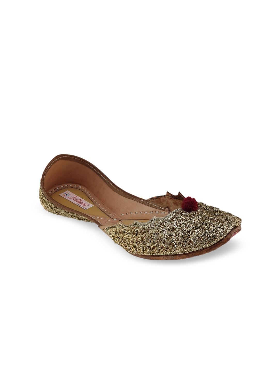

Fulkari Women Tan Brown Embellished Leather Mojaris