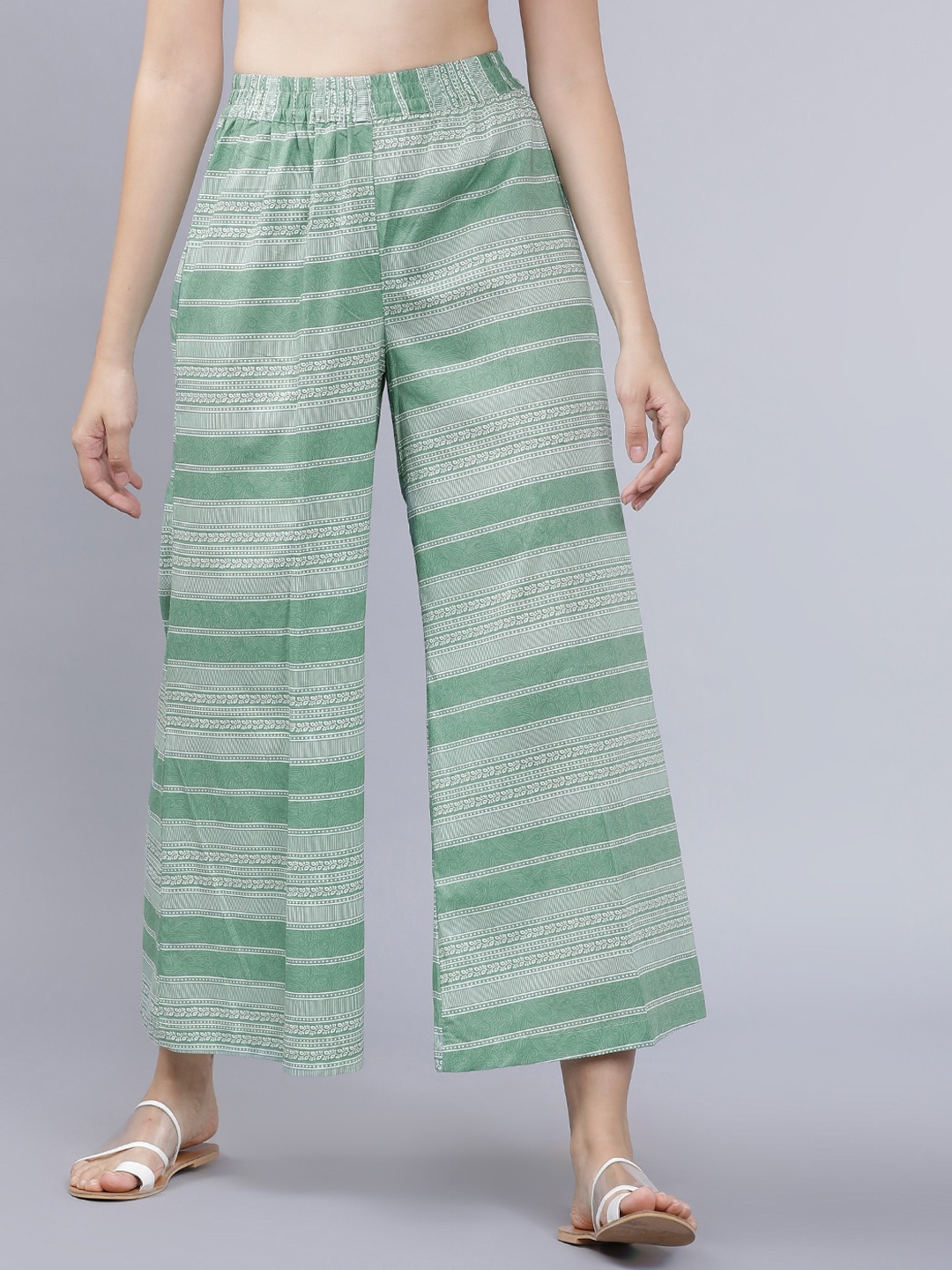 Vishudh Women Green & Off-White Striped Crop Wide Leg Palazzos
