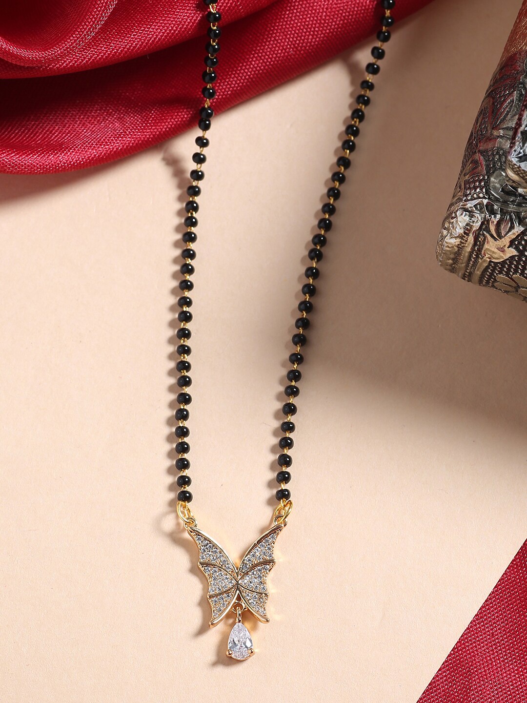 Shoshaa Gold-Plated Black & White Stone-Studded Beaded Mangalsutra