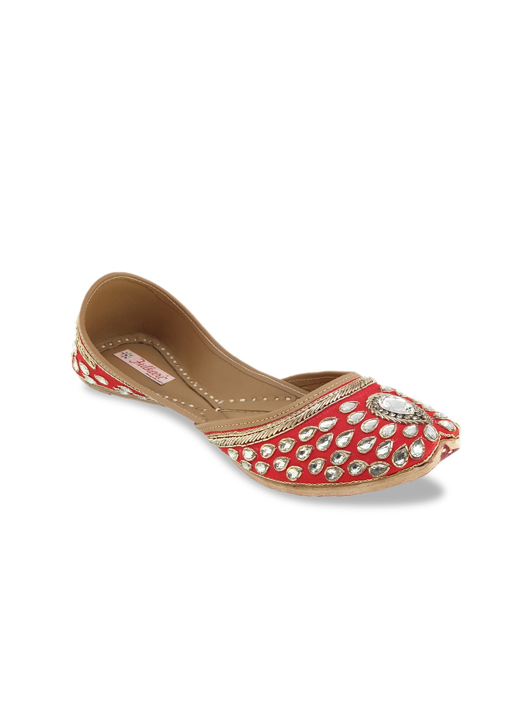 

Fulkari Women Red Embellished Leather Mojaris
