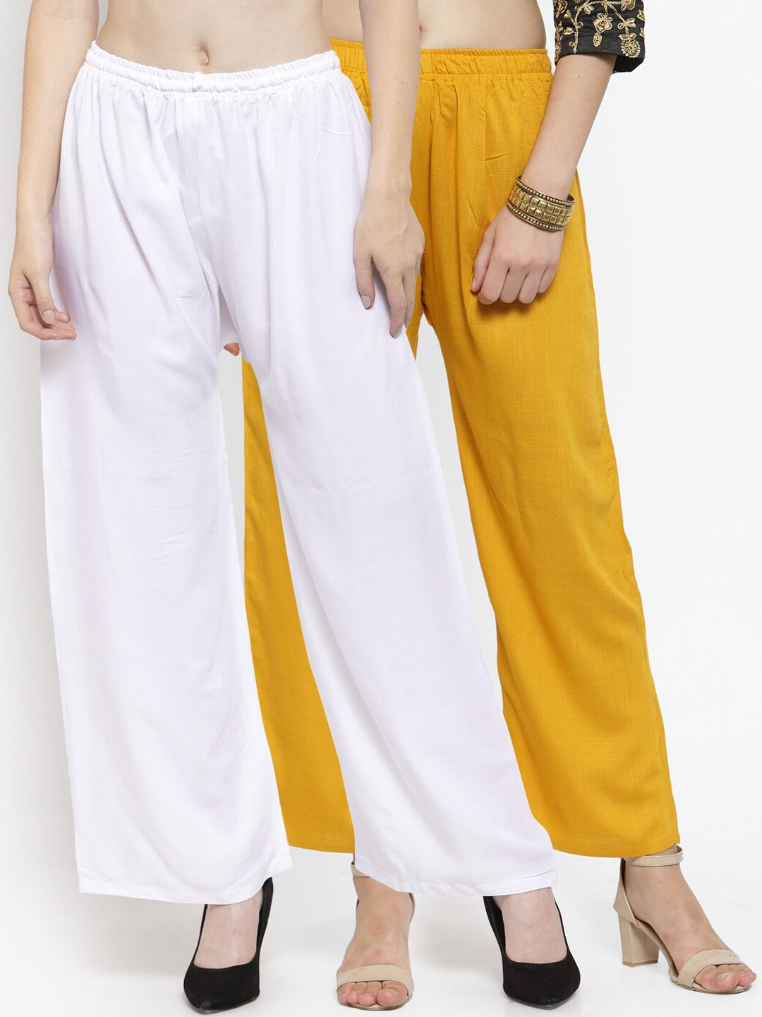 Clora Creation Women Pack Of 2 White & Yellow Solid Straight Palazzos
