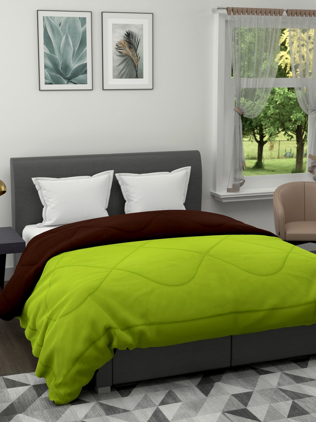 Clasiko Green & Brown Solid AC Room 120 GSM Reversible Double Bed Quilt