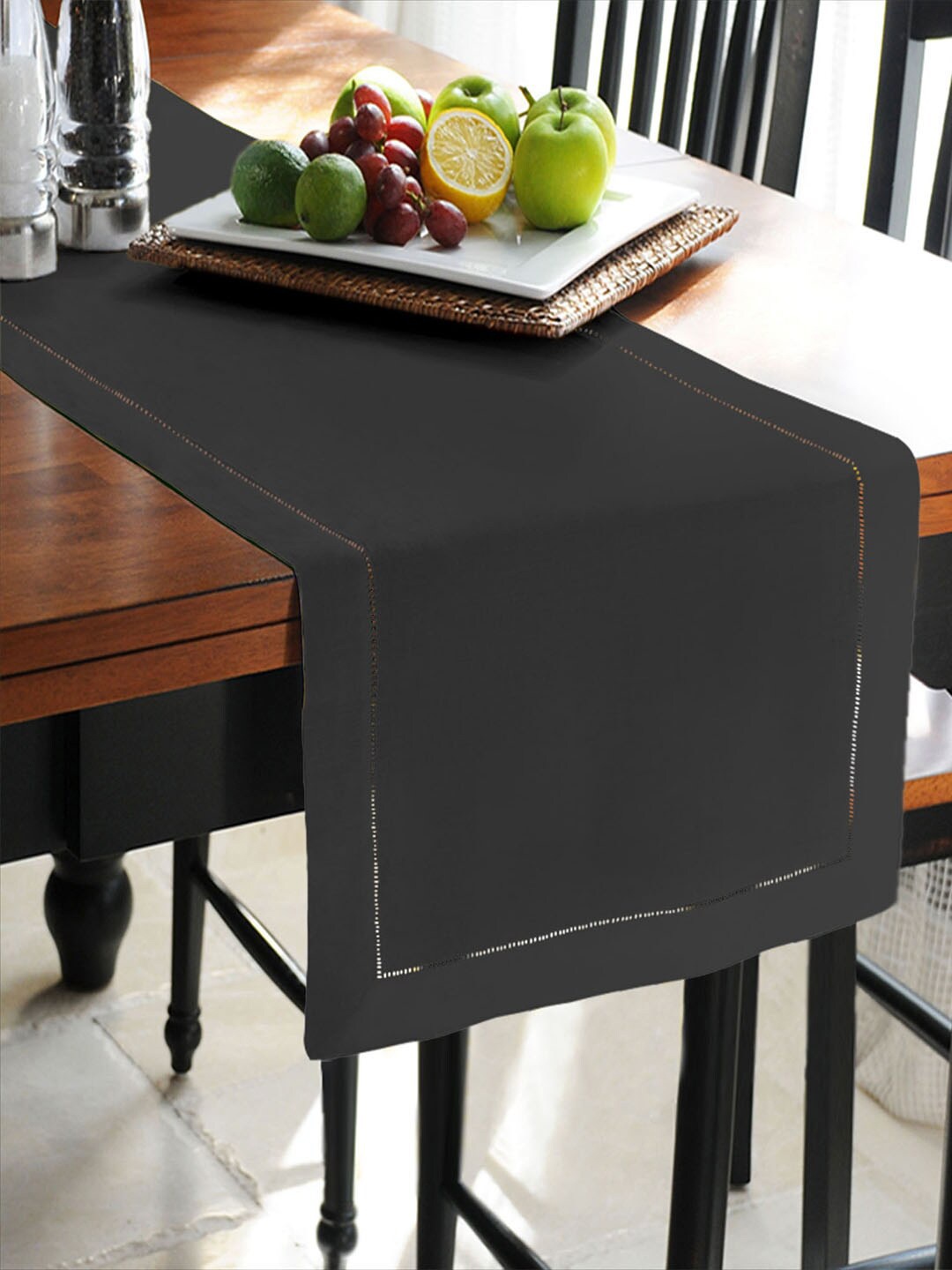 

Lushomes Black Solid Double Border Holestitch Table Runner