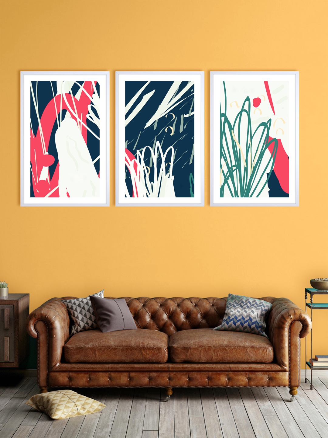 

999Store Set Of 3 Blue & Pink Abstract Printed Wall Art