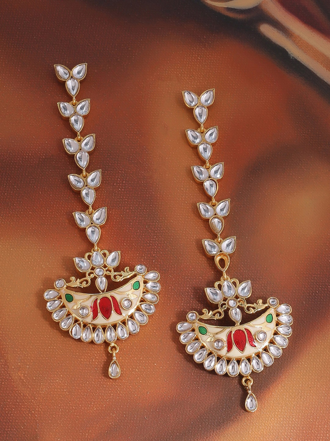 

Voylla Green & Red Gold-Plated Handcrafted Enamelled Classic Drop Earrings