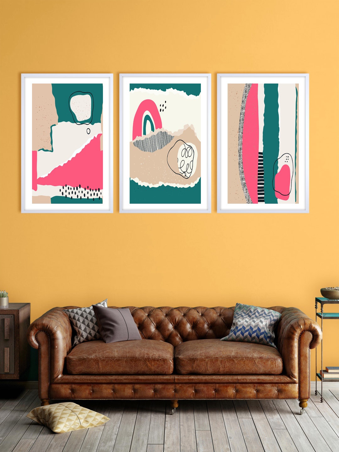 999Store Set Of 3 Beige & Pink Abstract Printed Wall Art