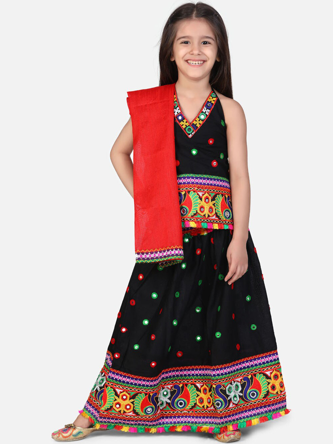 

BownBee Girls Black & Red Embroidered Ready to Wear Lehenga & Blouse with Dupatta