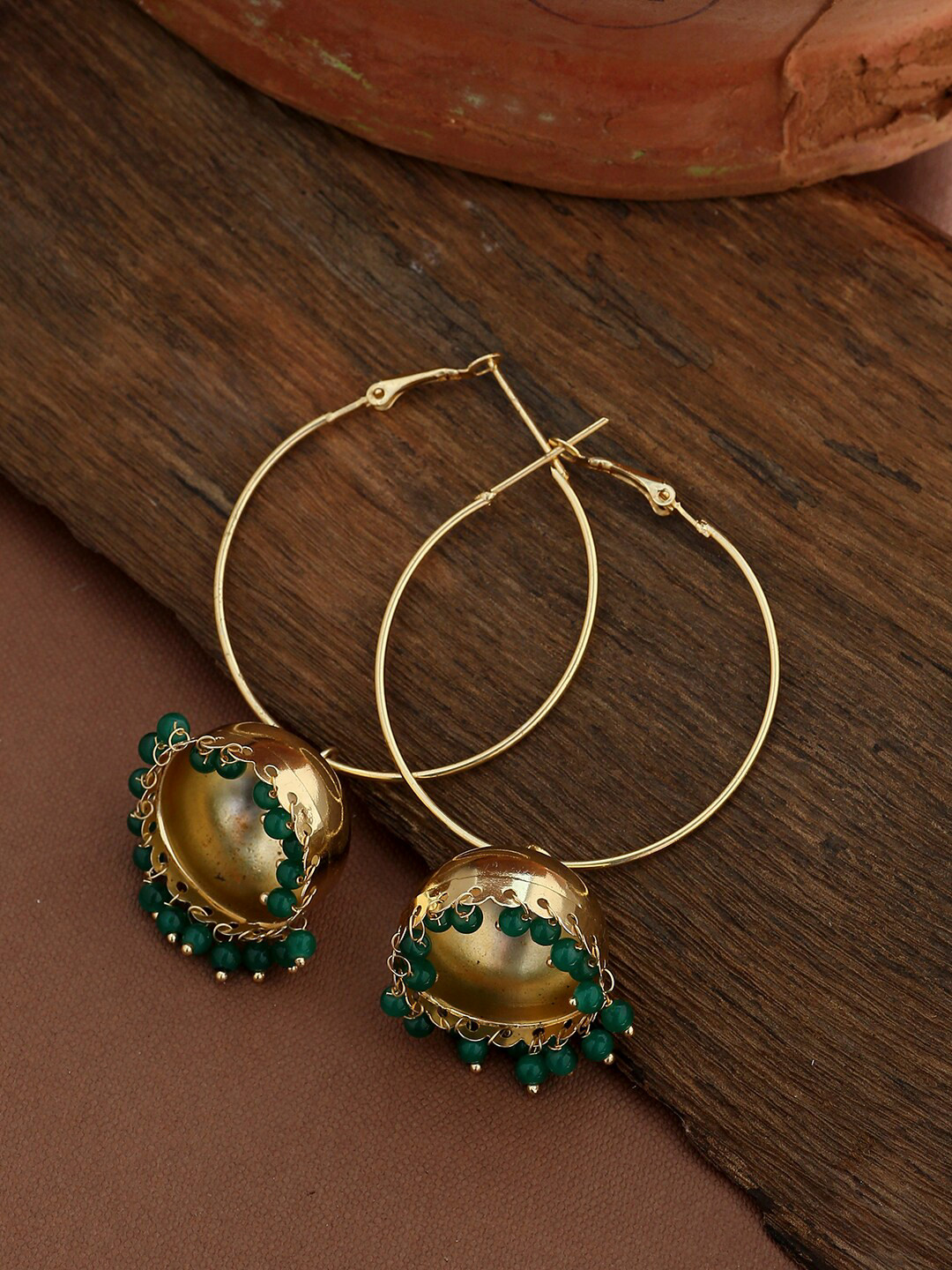 

Shoshaa Gold-Plated & Green Dome Shaped Drop Earrings