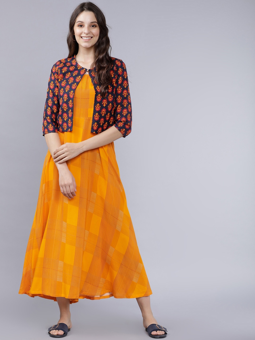 

Vishudh Women Yellow Checked Maxi Dress