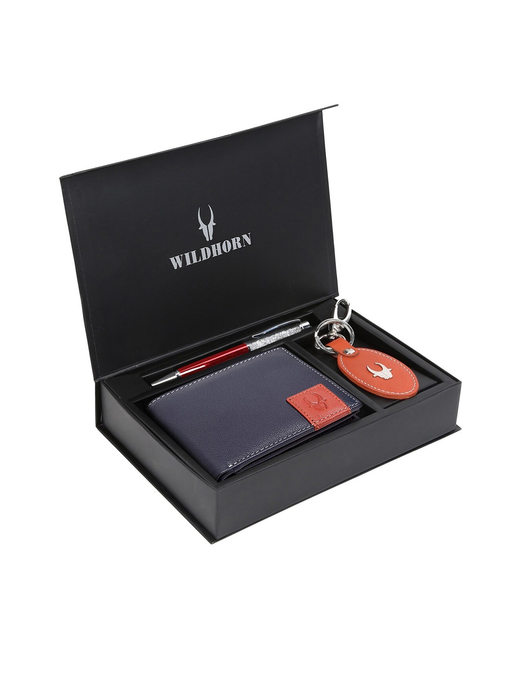 WildHorn Men Blue & Red RFID Protected Genuine High Quality Leather Accessory Gift Set