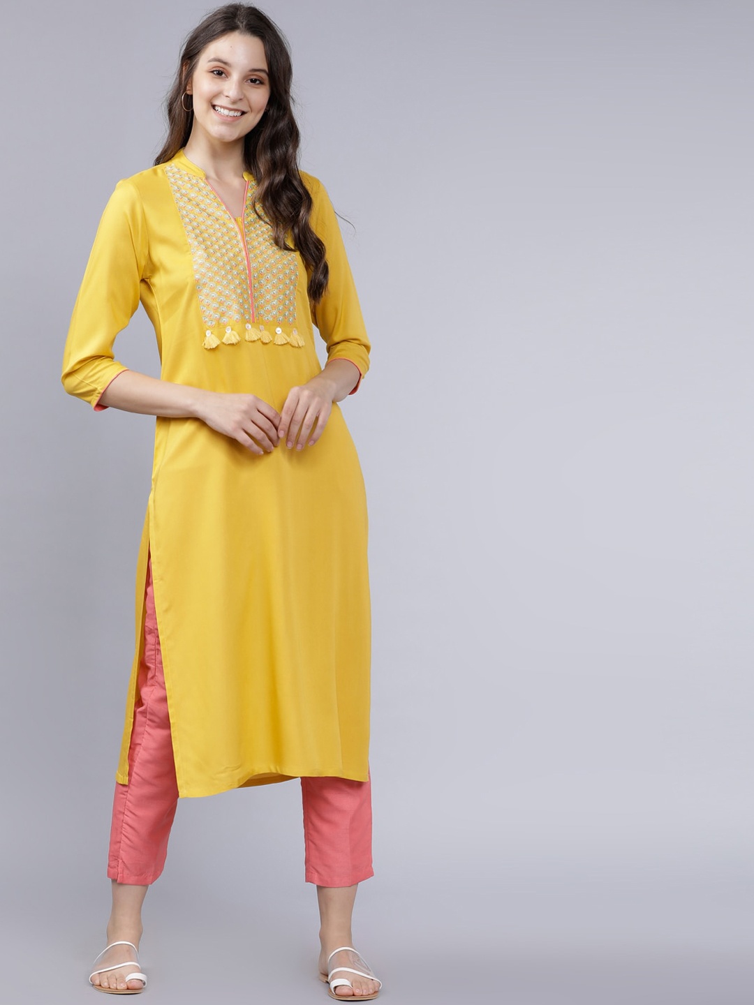 

Vishudh Women Yellow & Pink Embroidered Yoke Design Straight Kurta