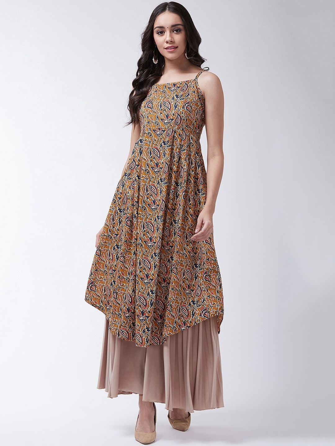 

InWeave Women Mustard Yellow & Blue Kalamkari Printed A-Line Kurta