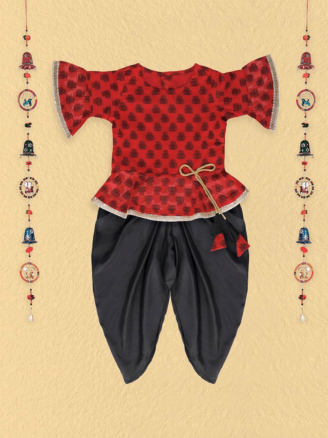 The Magic Wand Girls Red & Black Embellished Top with Dhoti Pants