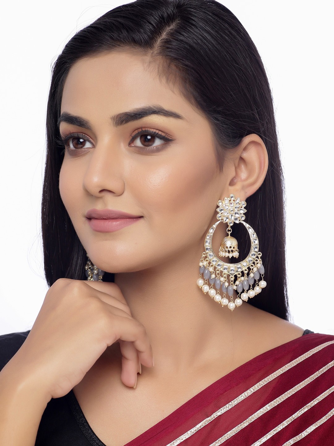 

Shoshaa Gold-Plated & Grey Kundan Studded Crescent Shaped Chandbalis
